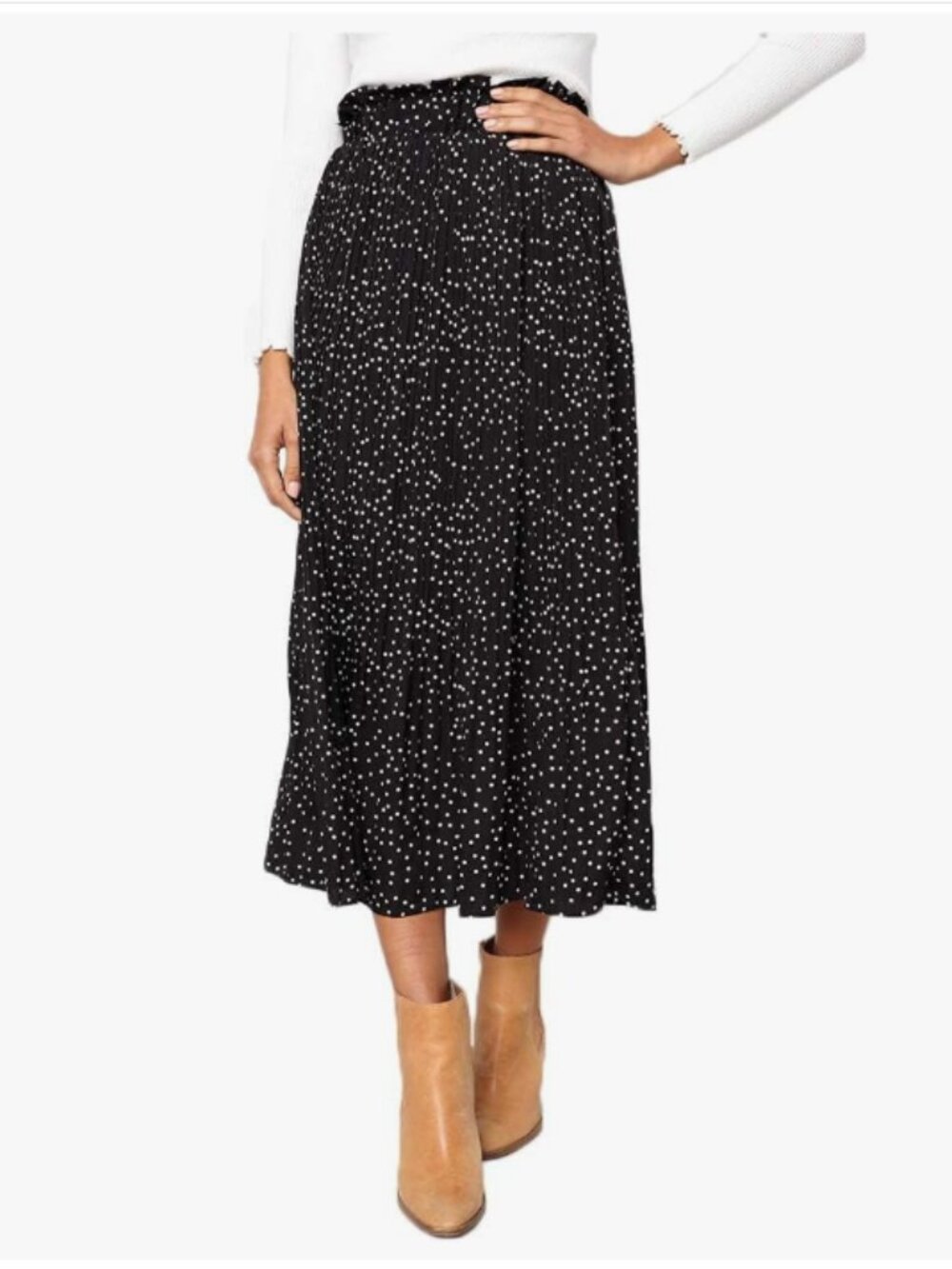 Ecowish High Waist Polka Dot Pleated Midi Skirt - Black and White